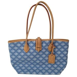 Dooney & Bourke Monogram Blue Canvas‎ Leather Trim Purse Tote Bag Double Handle